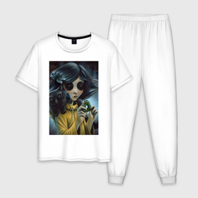 Мужская пижама хлопок с принтом Коралина в Стране Кошмаров арт в Новосибирске, 100% хлопок | брюки и футболка прямого кроя, без карманов, на брюках мягкая резинка на поясе и по низу штанин
 | 
