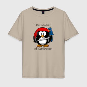 Мужская футболка хлопок Oversize с принтом Пингвин Карибского моря в Петрозаводске, 100% хлопок | свободный крой, круглый ворот, “спинка” длиннее передней части | 