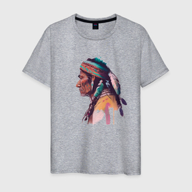 Мужская футболка хлопок с принтом Индеец акварель   нейросеть в Санкт-Петербурге, 100% хлопок | прямой крой, круглый вырез горловины, длина до линии бедер, слегка спущенное плечо. | 