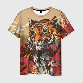 Мужская футболка 3D с принтом Японский тигр арт в Петрозаводске, 100% полиэфир | прямой крой, круглый вырез горловины, длина до линии бедер | Тематика изображения на принте: 
