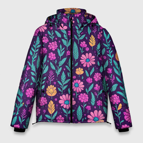 Мужская зимняя куртка 3D с принтом Цветочный паттерн розовые ромашки в Новосибирске, верх — 100% полиэстер; подкладка — 100% полиэстер; утеплитель — 100% полиэстер | длина ниже бедра, свободный силуэт Оверсайз. Есть воротник-стойка, отстегивающийся капюшон и ветрозащитная планка. 

Боковые карманы с листочкой на кнопках и внутренний карман на молнии. | 