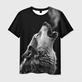 Мужская футболка 3D с принтом Воющий волк в ночи в Тюмени, 100% полиэфир | прямой крой, круглый вырез горловины, длина до линии бедер | Тематика изображения на принте: 