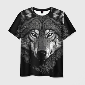 Мужская футболка 3D с принтом Спокойный уверенный волк в Белгороде, 100% полиэфир | прямой крой, круглый вырез горловины, длина до линии бедер | 
