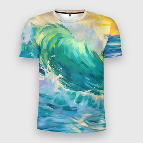 Мужская футболка 3D Slim с принтом Нарисованные волны моря в Санкт-Петербурге, 100% полиэстер с улучшенными характеристиками | приталенный силуэт, круглая горловина, широкие плечи, сужается к линии бедра | Тематика изображения на принте: 