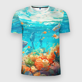 Мужская футболка 3D Slim с принтом Морской  подводный мир в Кировске, 100% полиэстер с улучшенными характеристиками | приталенный силуэт, круглая горловина, широкие плечи, сужается к линии бедра | Тематика изображения на принте: 