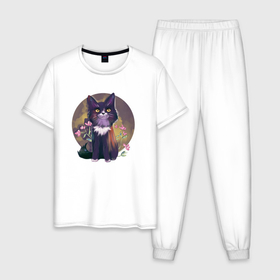 Мужская пижама хлопок с принтом черный котик в цветах в Санкт-Петербурге, 100% хлопок | брюки и футболка прямого кроя, без карманов, на брюках мягкая резинка на поясе и по низу штанин
 | 