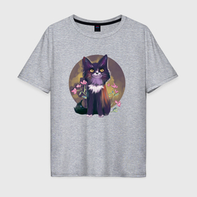 Мужская футболка хлопок Oversize с принтом черный котик в цветах в Кировске, 100% хлопок | свободный крой, круглый ворот, “спинка” длиннее передней части | 