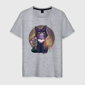 Мужская футболка хлопок с принтом черный котик в цветах в Кировске, 100% хлопок | прямой крой, круглый вырез горловины, длина до линии бедер, слегка спущенное плечо. | 