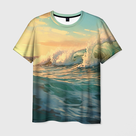 Мужская футболка 3D с принтом Волны  моря в Новосибирске, 100% полиэфир | прямой крой, круглый вырез горловины, длина до линии бедер | 
