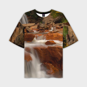 Мужская футболка oversize 3D с принтом Оранжевые камни и водопад в Санкт-Петербурге,  |  | 