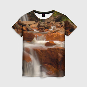 Женская футболка 3D с принтом Оранжевые камни и водопад в Тюмени, 100% полиэфир ( синтетическое хлопкоподобное полотно) | прямой крой, круглый вырез горловины, длина до линии бедер | 