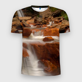 Мужская футболка 3D Slim с принтом Оранжевые камни и водопад в Екатеринбурге, 100% полиэстер с улучшенными характеристиками | приталенный силуэт, круглая горловина, широкие плечи, сужается к линии бедра | 