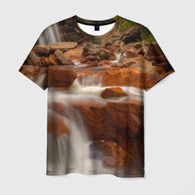 Мужская футболка 3D с принтом Оранжевые камни и водопад в Тюмени, 100% полиэфир | прямой крой, круглый вырез горловины, длина до линии бедер | 