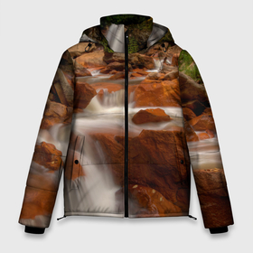Мужская зимняя куртка 3D с принтом Оранжевые камни и водопад в Тюмени, верх — 100% полиэстер; подкладка — 100% полиэстер; утеплитель — 100% полиэстер | длина ниже бедра, свободный силуэт Оверсайз. Есть воротник-стойка, отстегивающийся капюшон и ветрозащитная планка. 

Боковые карманы с листочкой на кнопках и внутренний карман на молнии. | 