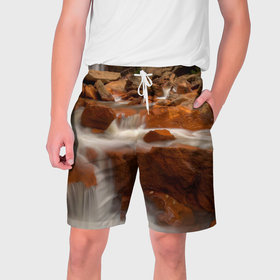 Мужские шорты 3D с принтом Оранжевые камни и водопад в Тюмени,  полиэстер 100% | прямой крой, два кармана без застежек по бокам. Мягкая трикотажная резинка на поясе, внутри которой широкие завязки. Длина чуть выше колен | 