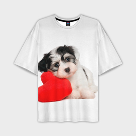 Мужская футболка oversize 3D с принтом Собачка с подушкой сердечком ,  |  | 