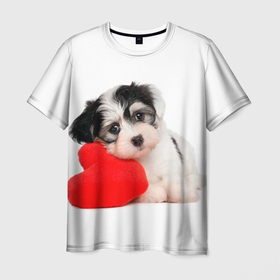 Мужская футболка 3D с принтом Собачка с подушкой сердечком , 100% полиэфир | прямой крой, круглый вырез горловины, длина до линии бедер | 