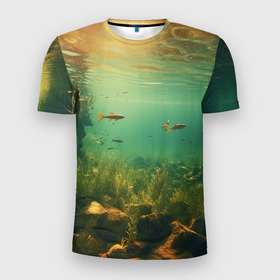 Мужская футболка 3D Slim с принтом Рыбки  в  море в Санкт-Петербурге, 100% полиэстер с улучшенными характеристиками | приталенный силуэт, круглая горловина, широкие плечи, сужается к линии бедра | 