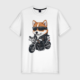 Мужская футболка хлопок Slim с принтом Shiba Inu собака  мотоциклист в Курске, 92% хлопок, 8% лайкра | приталенный силуэт, круглый вырез ворота, длина до линии бедра, короткий рукав | 