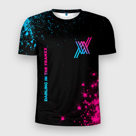 Мужская футболка 3D Slim с принтом Darling in the FranXX   neon gradient: надпись, символ в Санкт-Петербурге, 100% полиэстер с улучшенными характеристиками | приталенный силуэт, круглая горловина, широкие плечи, сужается к линии бедра | 