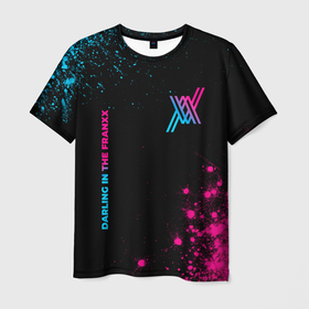Мужская футболка 3D с принтом Darling in the FranXX   neon gradient: надпись, символ в Санкт-Петербурге, 100% полиэфир | прямой крой, круглый вырез горловины, длина до линии бедер | 