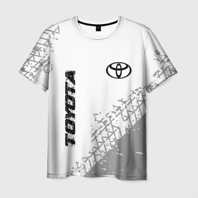 Мужская футболка 3D с принтом Toyota speed на светлом фоне со следами шин: надпись, символ в Новосибирске, 100% полиэфир | прямой крой, круглый вырез горловины, длина до линии бедер | Тематика изображения на принте: 