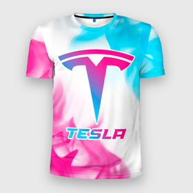 Мужская футболка 3D Slim с принтом Tesla neon gradient style , 100% полиэстер с улучшенными характеристиками | приталенный силуэт, круглая горловина, широкие плечи, сужается к линии бедра | Тематика изображения на принте: 