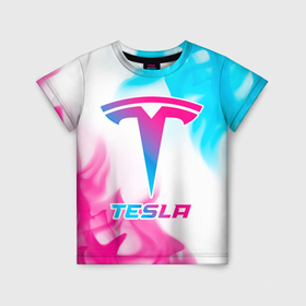 Детская футболка 3D с принтом Tesla neon gradient style в Петрозаводске, 100% гипоаллергенный полиэфир | прямой крой, круглый вырез горловины, длина до линии бедер, чуть спущенное плечо, ткань немного тянется | Тематика изображения на принте: 