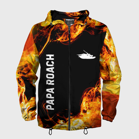 Мужская ветровка 3D с принтом Papa Roach и пылающий огонь в Екатеринбурге, 100% полиэстер | подол и капюшон оформлены резинкой с фиксаторами, два кармана без застежек по бокам, один потайной карман на груди | Тематика изображения на принте: 