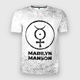 Мужская футболка 3D Slim с принтом Marilyn Manson с потертостями на светлом фоне в Санкт-Петербурге, 100% полиэстер с улучшенными характеристиками | приталенный силуэт, круглая горловина, широкие плечи, сужается к линии бедра | 