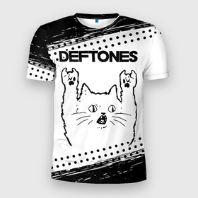 Мужская футболка 3D Slim с принтом Deftones рок кот на светлом фоне в Кировске, 100% полиэстер с улучшенными характеристиками | приталенный силуэт, круглая горловина, широкие плечи, сужается к линии бедра | Тематика изображения на принте: 