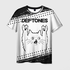 Мужская футболка 3D с принтом Deftones рок кот на светлом фоне в Курске, 100% полиэфир | прямой крой, круглый вырез горловины, длина до линии бедер | Тематика изображения на принте: 
