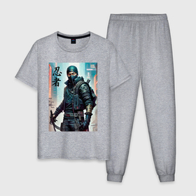 Мужская пижама хлопок с принтом Cyber ninja   neural network   metropolis в Новосибирске, 100% хлопок | брюки и футболка прямого кроя, без карманов, на брюках мягкая резинка на поясе и по низу штанин
 | Тематика изображения на принте: 