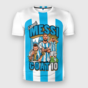 Мужская футболка 3D Slim с принтом Лионель Месси сборная Аргентины 10 в Курске, 100% полиэстер с улучшенными характеристиками | приталенный силуэт, круглая горловина, широкие плечи, сужается к линии бедра | Тематика изображения на принте: 