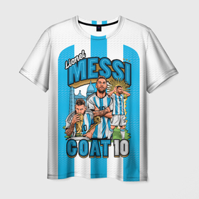 Мужская футболка 3D с принтом Лионель Месси сборная Аргентины 10 в Екатеринбурге, 100% полиэфир | прямой крой, круглый вырез горловины, длина до линии бедер | 