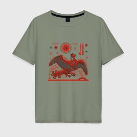 Мужская футболка хлопок Oversize с принтом Птица Сирин в Тюмени, 100% хлопок | свободный крой, круглый ворот, “спинка” длиннее передней части | Тематика изображения на принте: 