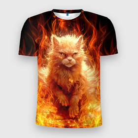 Мужская футболка 3D Slim с принтом Огненный рыжий котик в Санкт-Петербурге, 100% полиэстер с улучшенными характеристиками | приталенный силуэт, круглая горловина, широкие плечи, сужается к линии бедра | 