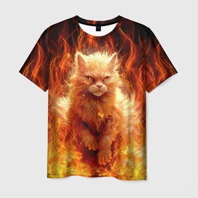 Мужская футболка 3D с принтом Огненный рыжий котик в Белгороде, 100% полиэфир | прямой крой, круглый вырез горловины, длина до линии бедер | 