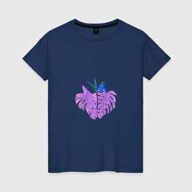 Женская футболка хлопок с принтом Фиолетовые тропические листья , 100% хлопок | прямой крой, круглый вырез горловины, длина до линии бедер, слегка спущенное плечо | 