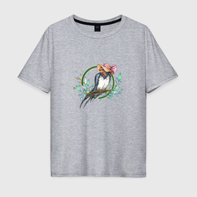 Мужская футболка хлопок Oversize с принтом Птичка весна в темном в Белгороде, 100% хлопок | свободный крой, круглый ворот, “спинка” длиннее передней части | 