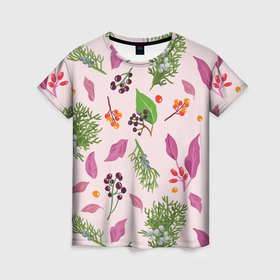 Женская футболка 3D с принтом Ягодки и листочки в Кировске, 100% полиэфир ( синтетическое хлопкоподобное полотно) | прямой крой, круглый вырез горловины, длина до линии бедер | 