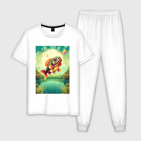Мужская пижама хлопок с принтом Рыбалка на  карпа в Тюмени, 100% хлопок | брюки и футболка прямого кроя, без карманов, на брюках мягкая резинка на поясе и по низу штанин
 | 