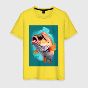 Мужская футболка хлопок с принтом Рыба в солнечных очках в Петрозаводске, 100% хлопок | прямой крой, круглый вырез горловины, длина до линии бедер, слегка спущенное плечо. | 