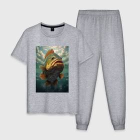 Мужская пижама хлопок с принтом Большая рыба карп в Новосибирске, 100% хлопок | брюки и футболка прямого кроя, без карманов, на брюках мягкая резинка на поясе и по низу штанин
 | Тематика изображения на принте: 