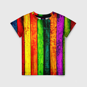 Детская футболка 3D с принтом Цветной забор в Санкт-Петербурге, 100% гипоаллергенный полиэфир | прямой крой, круглый вырез горловины, длина до линии бедер, чуть спущенное плечо, ткань немного тянется | 