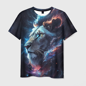 Мужская футболка 3D с принтом Galactic lion в Тюмени, 100% полиэфир | прямой крой, круглый вырез горловины, длина до линии бедер | Тематика изображения на принте: 