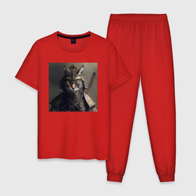 Мужская пижама хлопок с принтом Рысь самурай   нейросеть , 100% хлопок | брюки и футболка прямого кроя, без карманов, на брюках мягкая резинка на поясе и по низу штанин
 | 