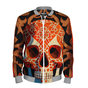 Мужской бомбер 3D с принтом Оранжевый череп в Ухте, 100% полиэстер | застегивается на молнию, по бокам два кармана без застежек, по низу бомбера и на воротнике - эластичная резинка | Тематика изображения на принте: 