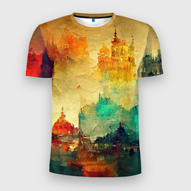 Мужская футболка 3D Slim с принтом Древний портовый город в Петрозаводске, 100% полиэстер с улучшенными характеристиками | приталенный силуэт, круглая горловина, широкие плечи, сужается к линии бедра | 