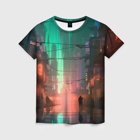 Женская футболка 3D с принтом Кибер город будущего в Екатеринбурге, 100% полиэфир ( синтетическое хлопкоподобное полотно) | прямой крой, круглый вырез горловины, длина до линии бедер | 